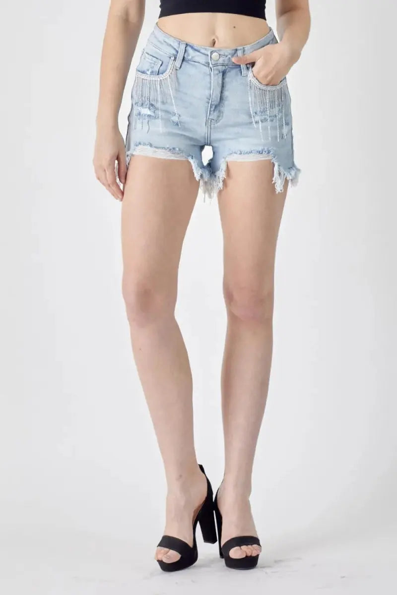 RISEN Frayed Hem Denim Shorts with Fringe Detail Pockets - Love Salve